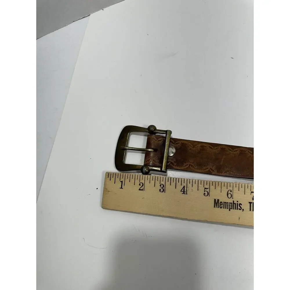 Leather Light Brown Leather Embossed Design Belt Brass Buckle Sz 38 See Pictures